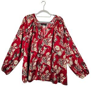 Lane Bryant Floral Print Blouse Size 18/20 Red Beige Black Peasant Top Floral